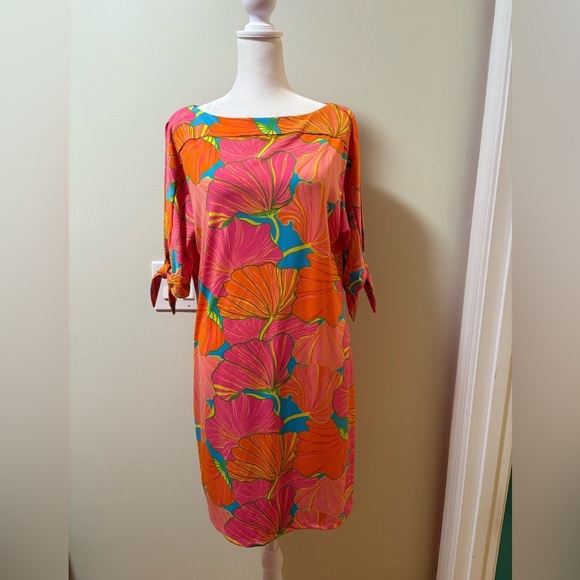Trina Turk mini dress floral Ginko tie sleeve beach tropical vacation M - Picture 3 of 7